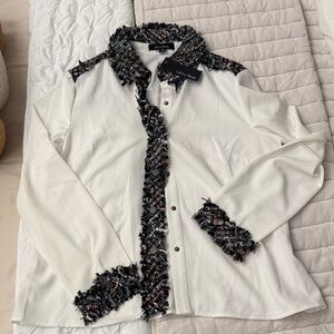 NWT size M White Button-Up Shirt with Black Tweed Accents